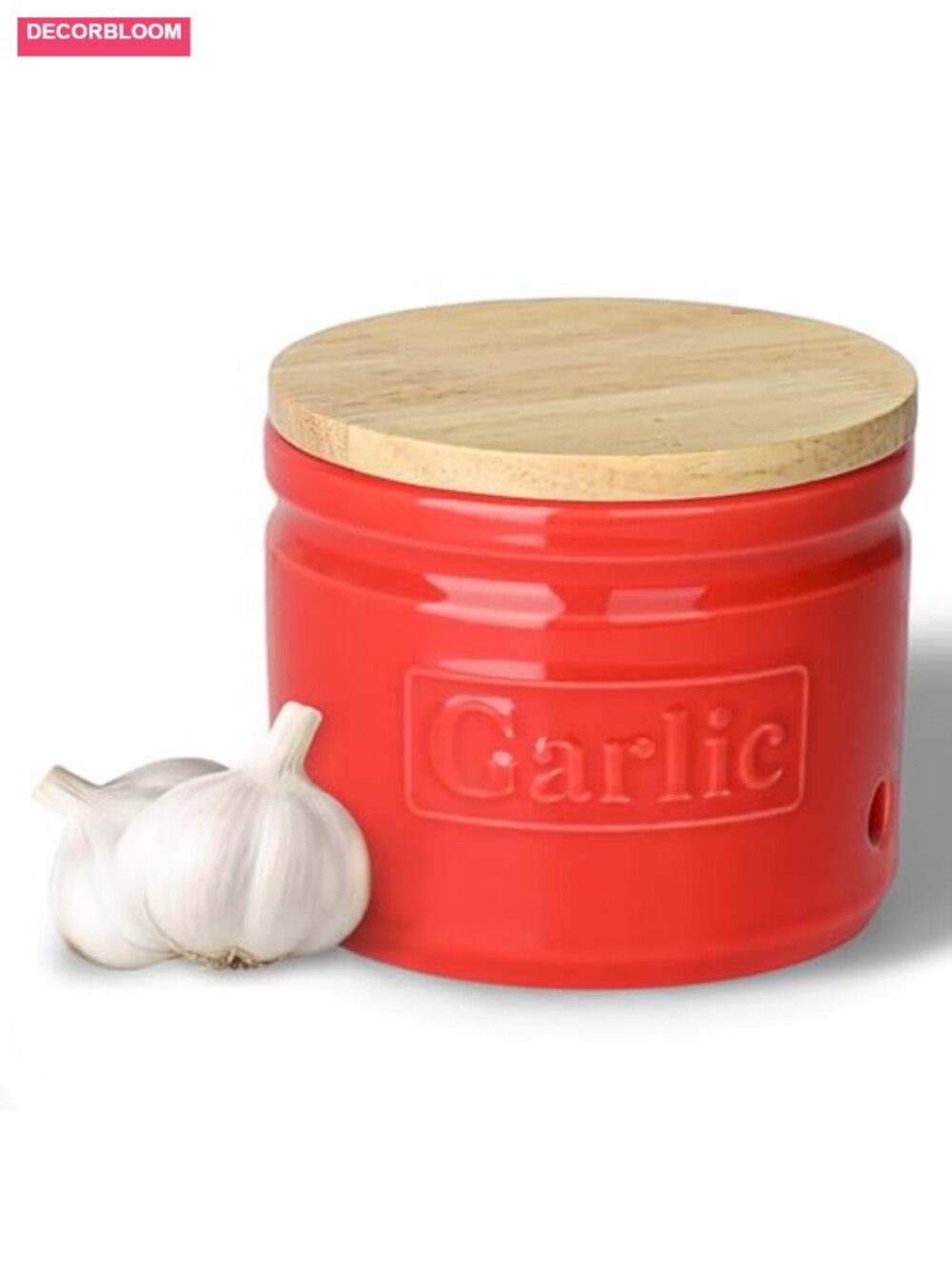 Ceramic Garlic Keeper with Wooden Lid - 4.1 Inch - Red